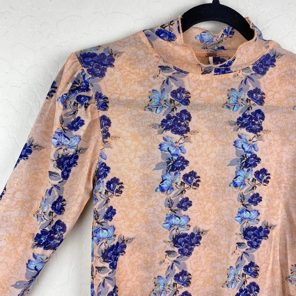 Free People Amber Semi Sheer Floral Print Mock Neck Top Womens Sz XS Boho Retro